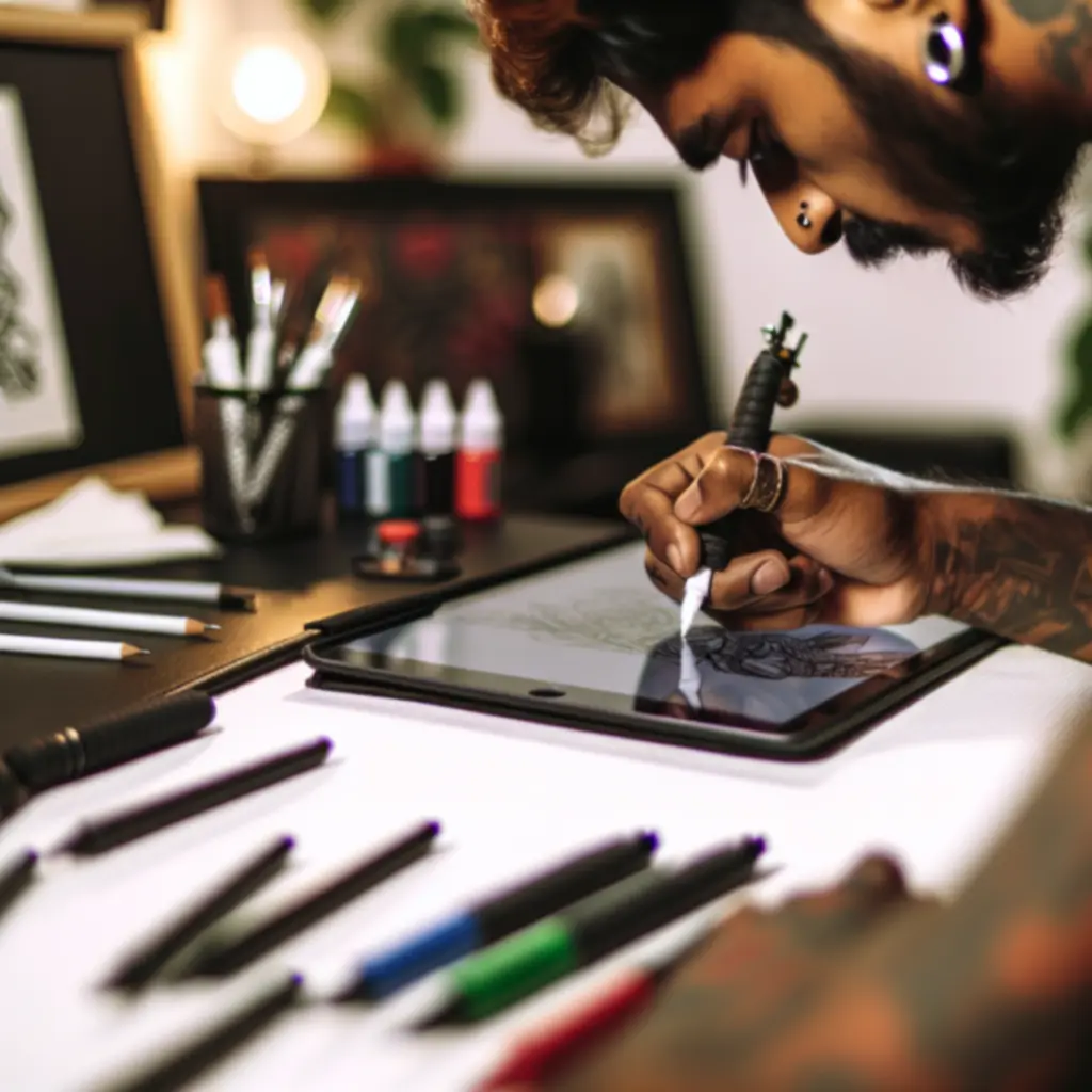 Artysta CzarnyNeedle projektujący tatuaż przy cyfrowym tablecie w ciemnym studiu