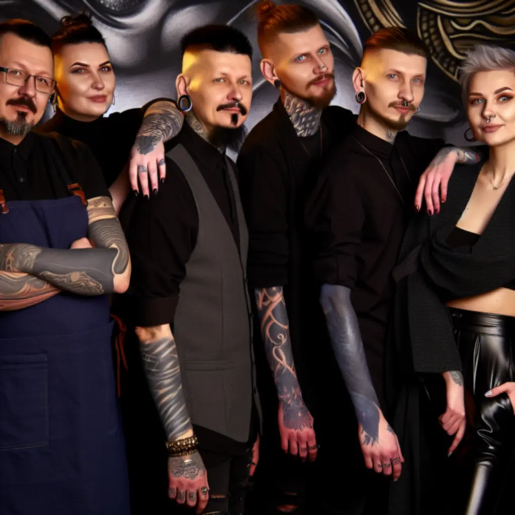 Zespół kreatywnych tatuatorów CzarnyNeedle pracujący w studio.