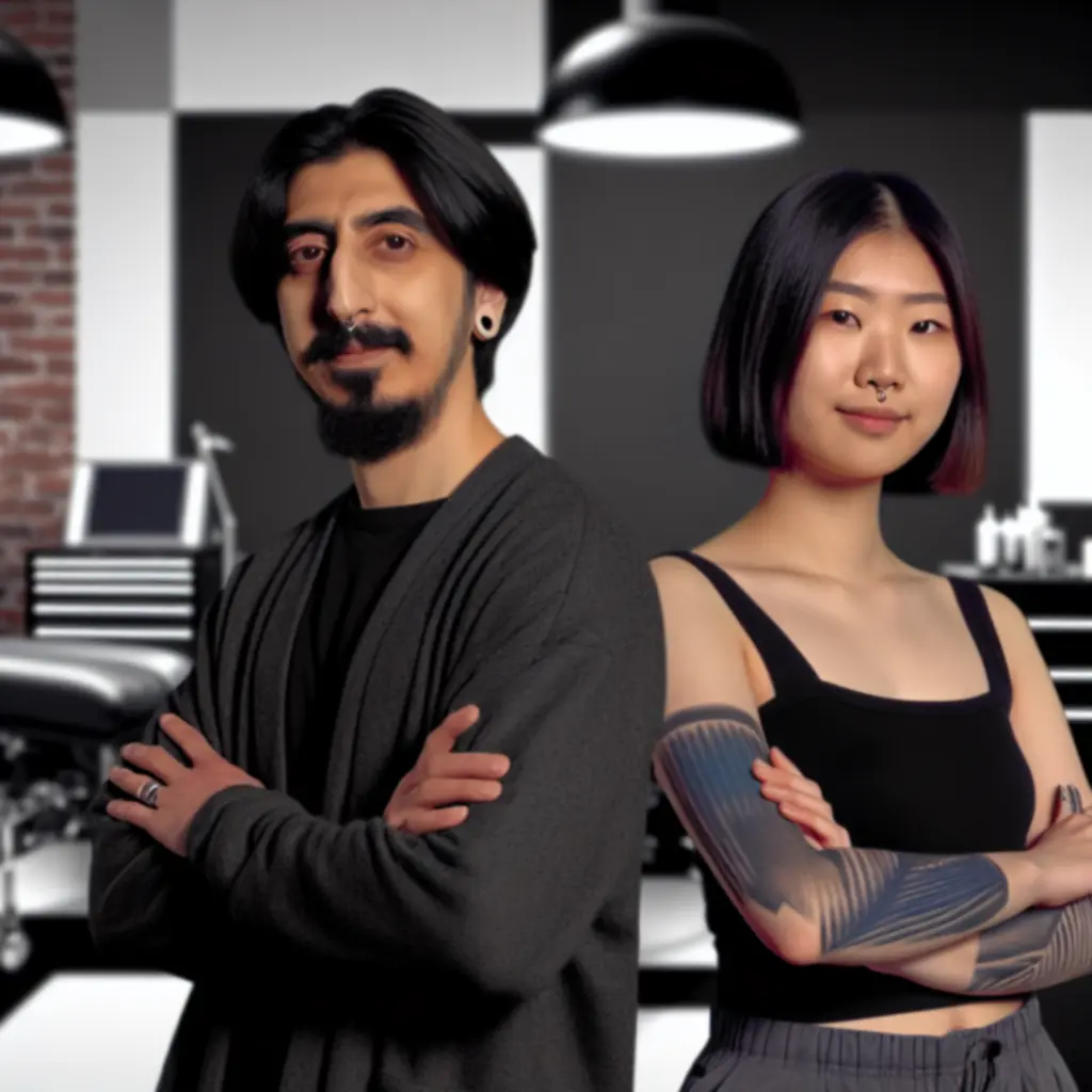 Założyciele studia CzarnyNeedle na portrecie w klimatycznym, ciemnym wnętrzu