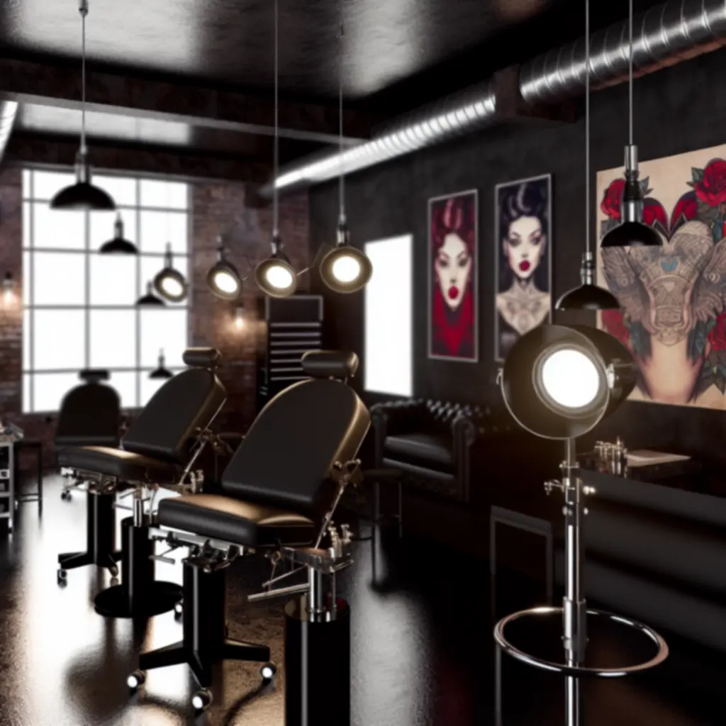 Nowoczesne wnętrze studia tatuażu CzarnyNeedle z klimatycznym oświetleniem i profesjonalnymi stanowiskami.
