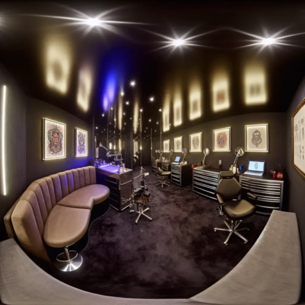 Ciemne, nastrojowe wnętrze studia tatuażu z metalicznymi akcentami i oświetleniem podkreślającym atmosferę pracy.