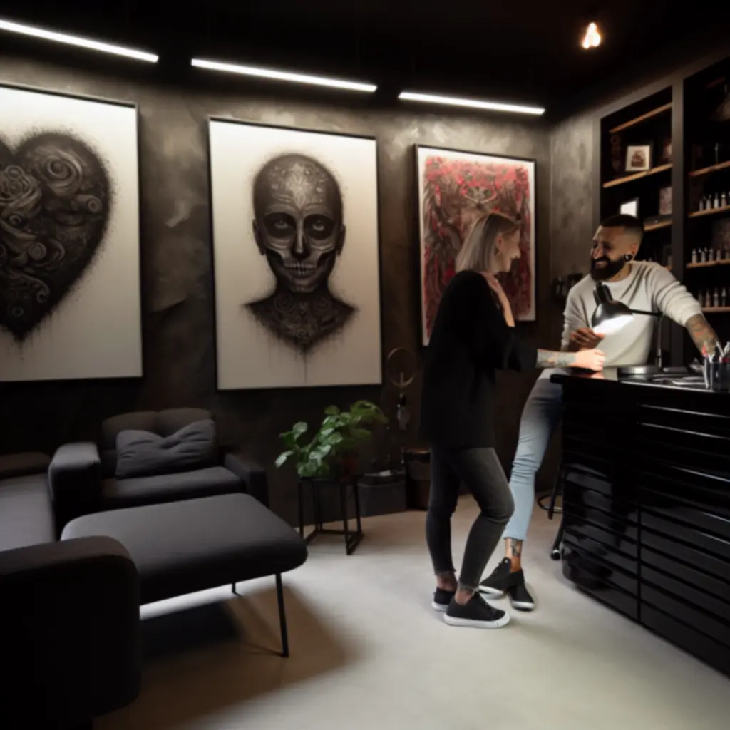 Atmosfera konsultacji w studio tatuażu CzarnyNeedle, klient omawia pomysł z artystą.