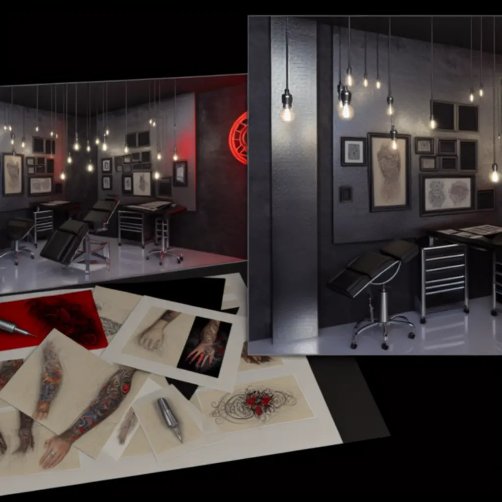 Artystyczne stanowisko projektowe w studiu tatuażu CzarnyNeedle z naturalnym światłem i szkicami tatuaży