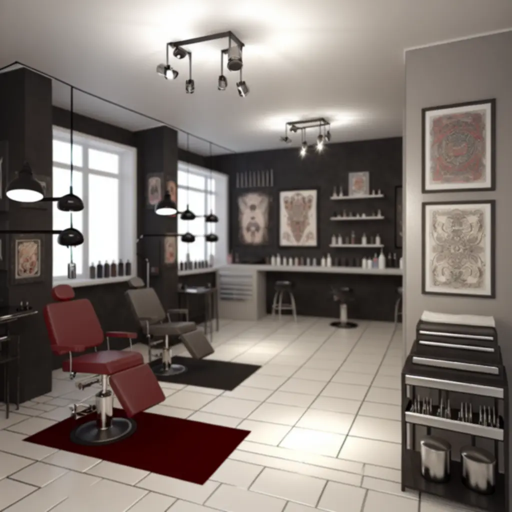 Wnętrze studia tatuażu CzarnyNeedle z nowoczesnym, ciemnym wystrojem