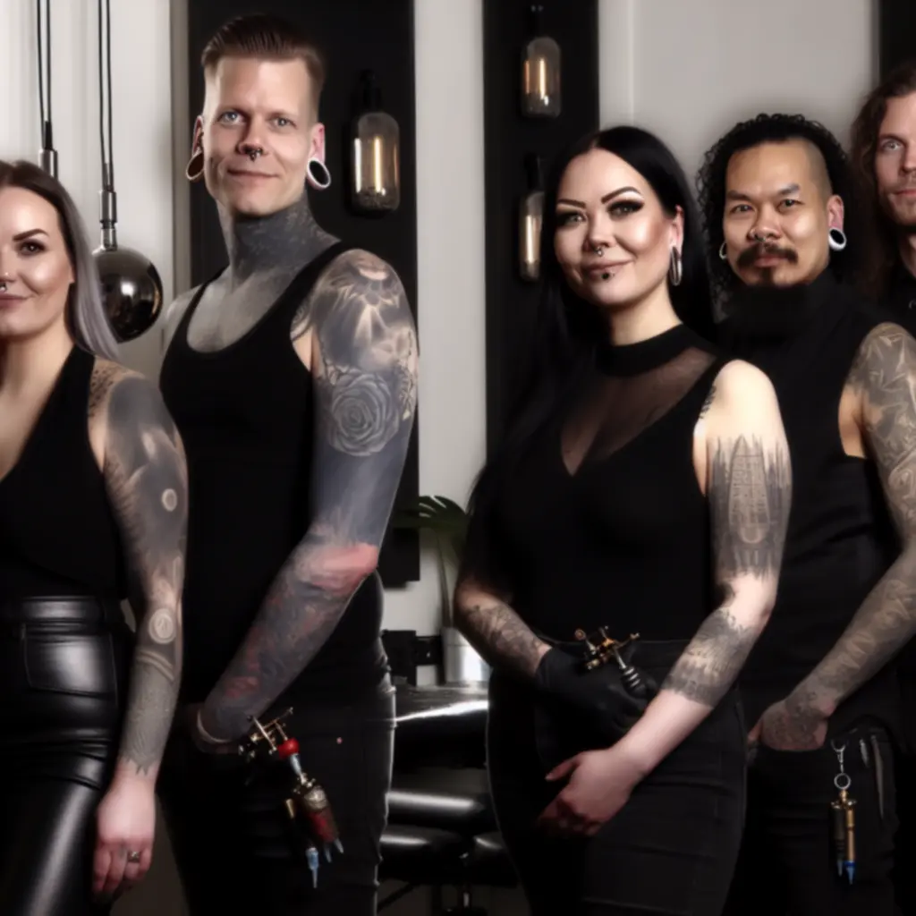 Grupa tatuatorów studia CzarnyNeedle w mrocznym, nowoczesnym wnętrzu studia.