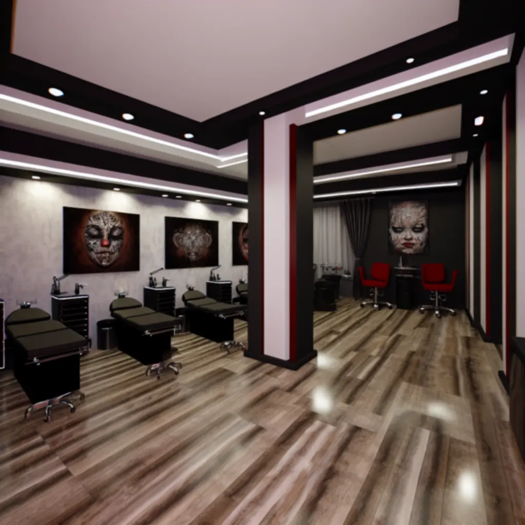 Wnętrze nowoczesnego, ciemnego studia tatuażu CzarnyNeedle