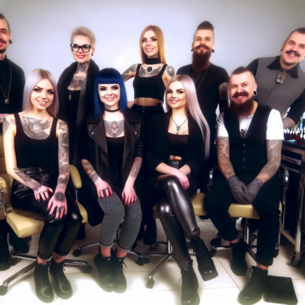 Zespół artystów studia tatuażu CzarnyNeedle stojący w klimatycznym wnętrzu.