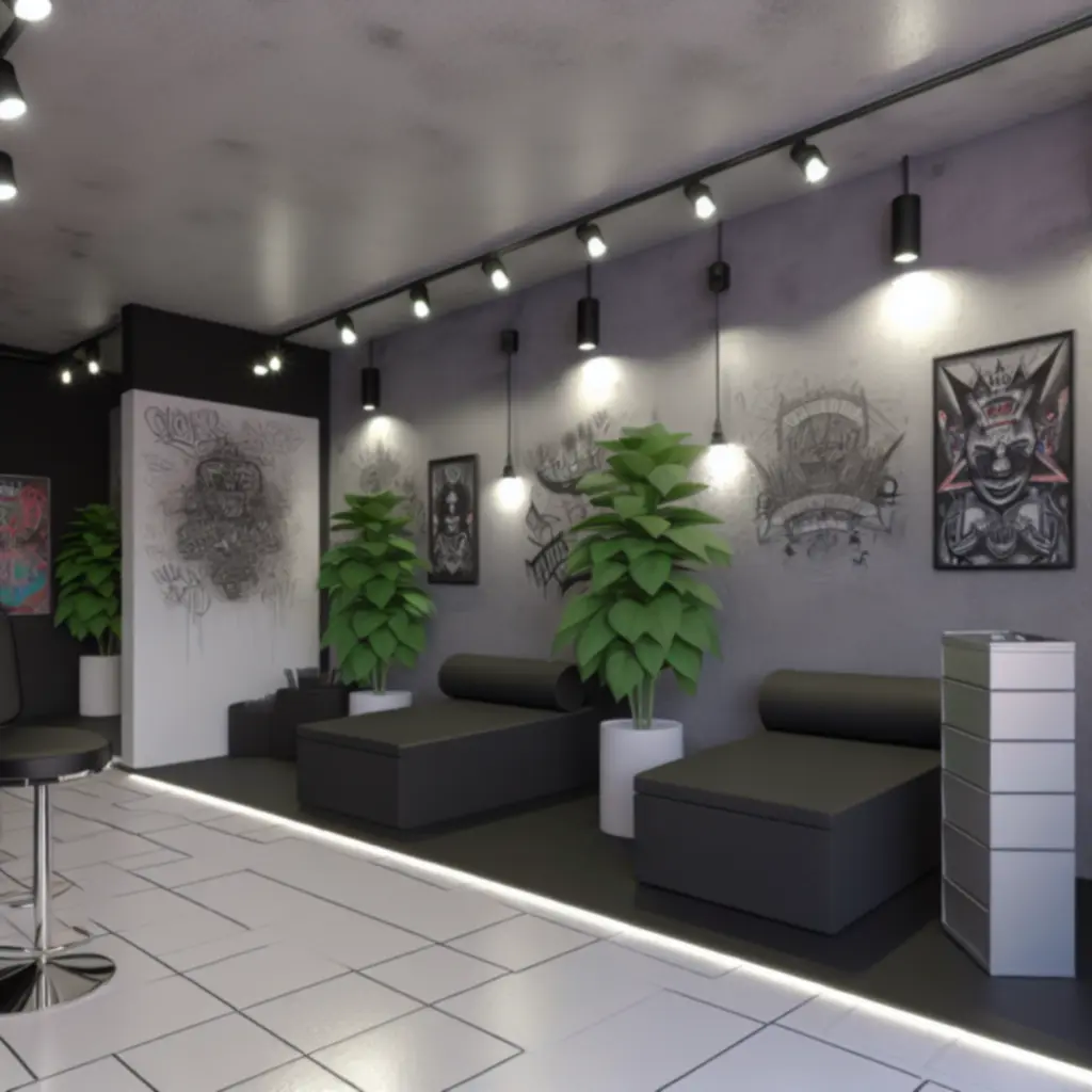 Atmosferyczne wnętrze studia tatuażu z autorskimi obrazami i nastrojowym światłem.